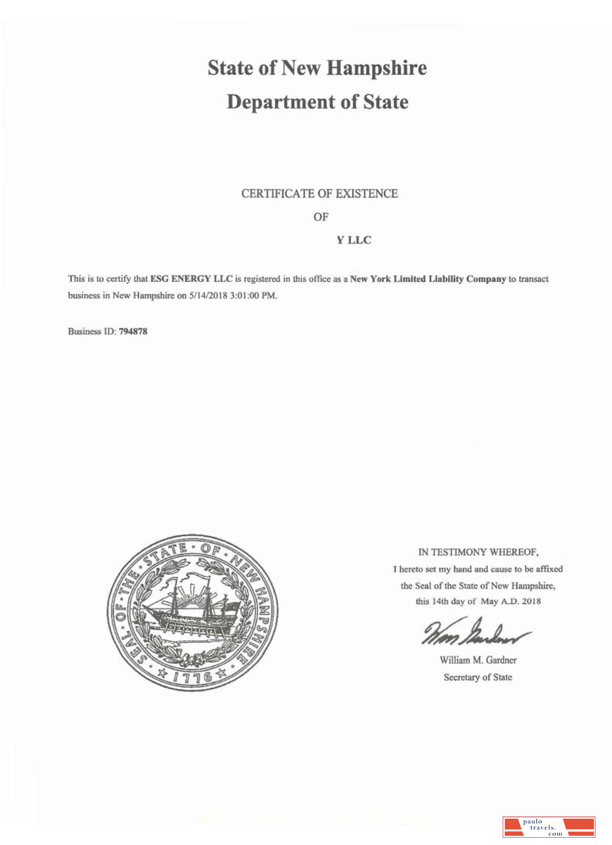 USA New Hampshire certificate of good standing